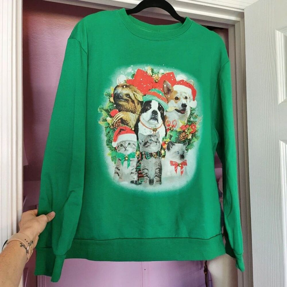 Christmas Sweatshirt Fifth Sun Ugly Christmas Green Cat Dog Sloth Women's 2XL